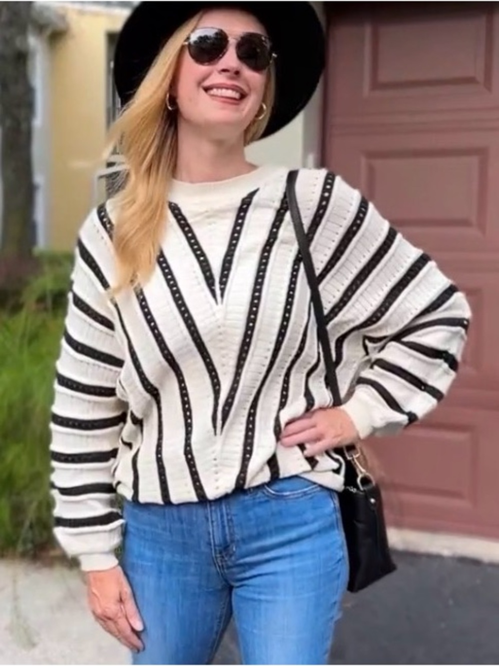 Women's Cream Crewneck Sweater with Black Stripes